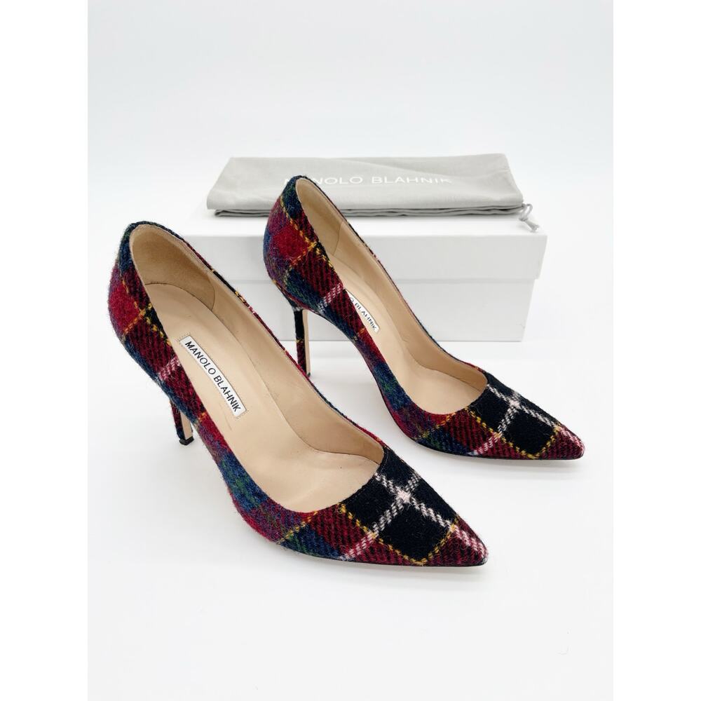 Manolo Blahnik BB Check Plaid Tartan Wool Pointed Toe Stiletto Heels IT 38.5
